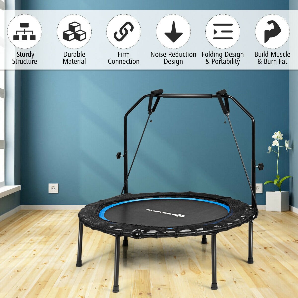 40 Inch Foldable Fitness Rebounder with Resistance Bands Adjustable Home, Blue Trampolines   at Gallery Canada