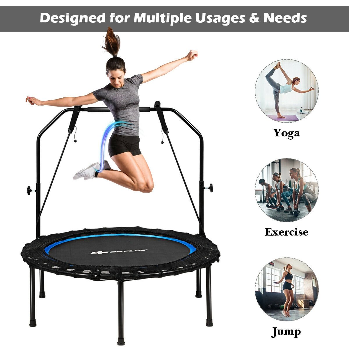 40 Inch Foldable Fitness Rebounder with Resistance Bands Adjustable Home, Blue Trampolines   at Gallery Canada