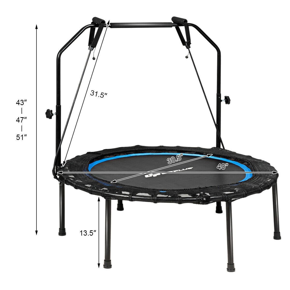 40 Inch Foldable Fitness Rebounder with Resistance Bands Adjustable Home, Blue Trampolines   at Gallery Canada