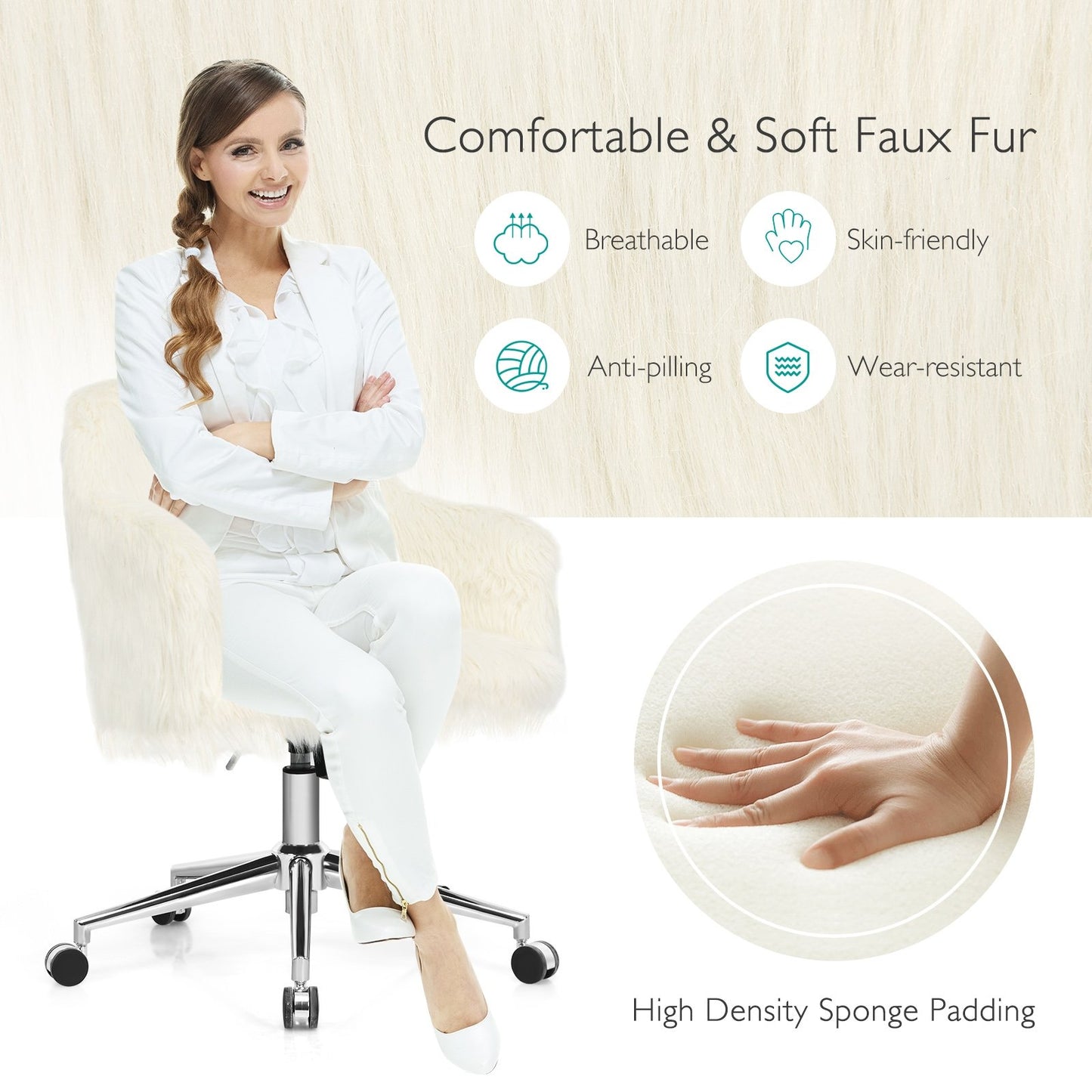 Modern Fluffy Faux Fur Vanity Office Chair for Teens Girls, Beige Leisure Chairs   at Gallery Canada