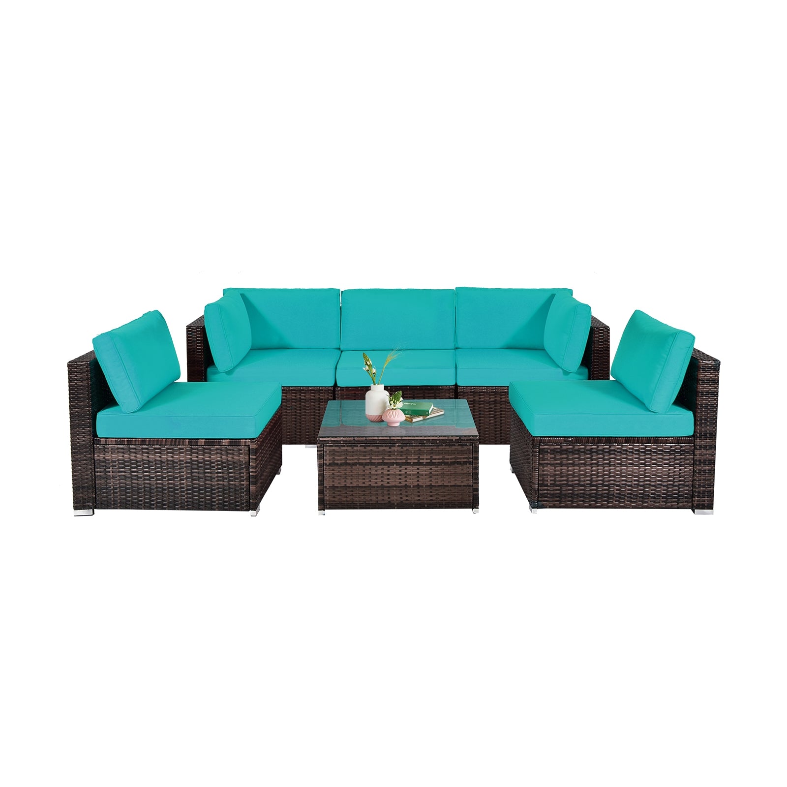 6 Pieces Patio Rattan Furniture Set with Cushions and Glass Coffee Table, Blue Outdoor Sectionals   at Gallery Canada