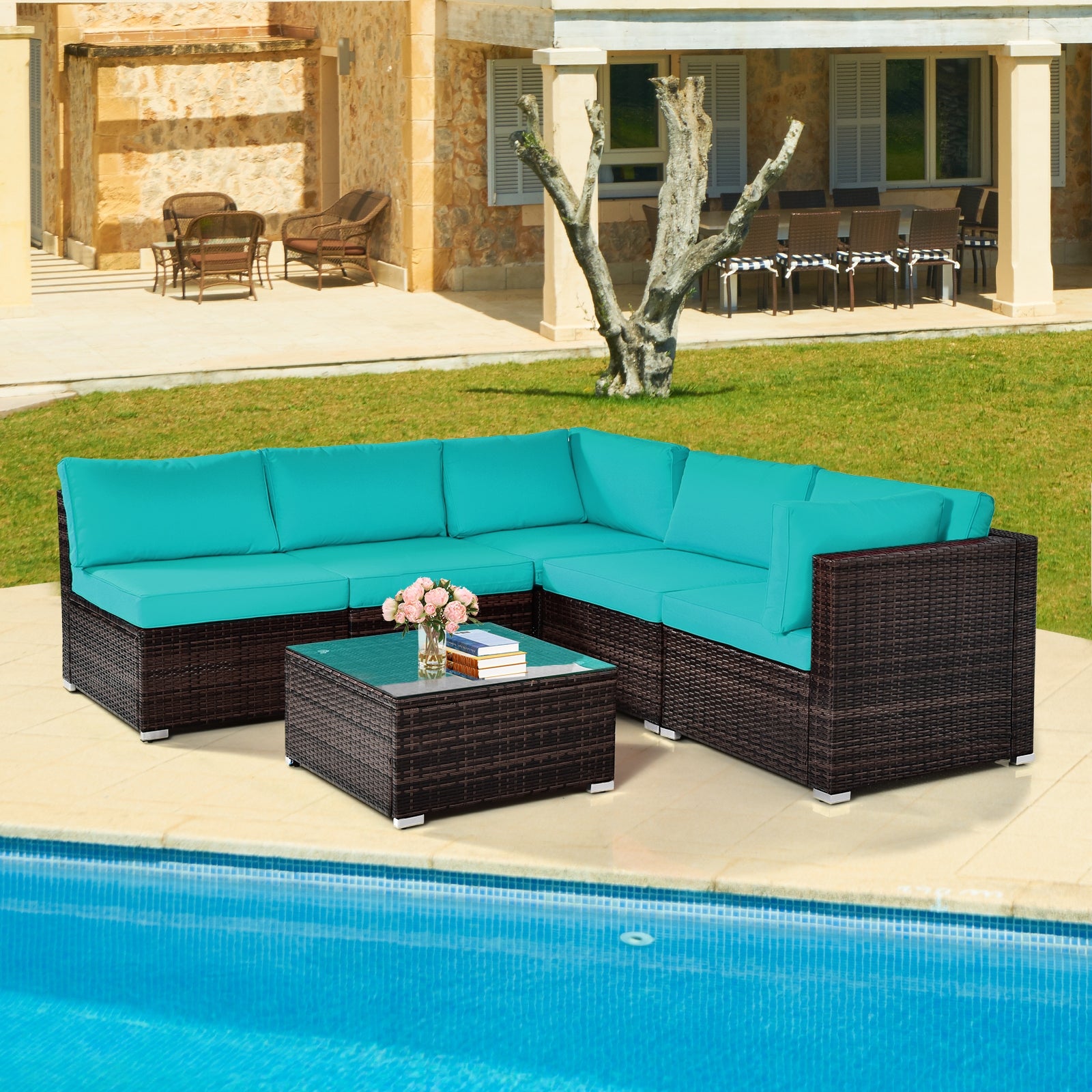 6 Pieces Patio Rattan Furniture Set with Cushions and Glass Coffee Table, Blue Outdoor Sectionals   at Gallery Canada