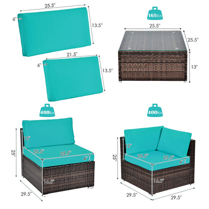 6 Pieces Patio Rattan Furniture Set with Cushions and Glass Coffee Table, Blue Outdoor Sectionals   at Gallery Canada