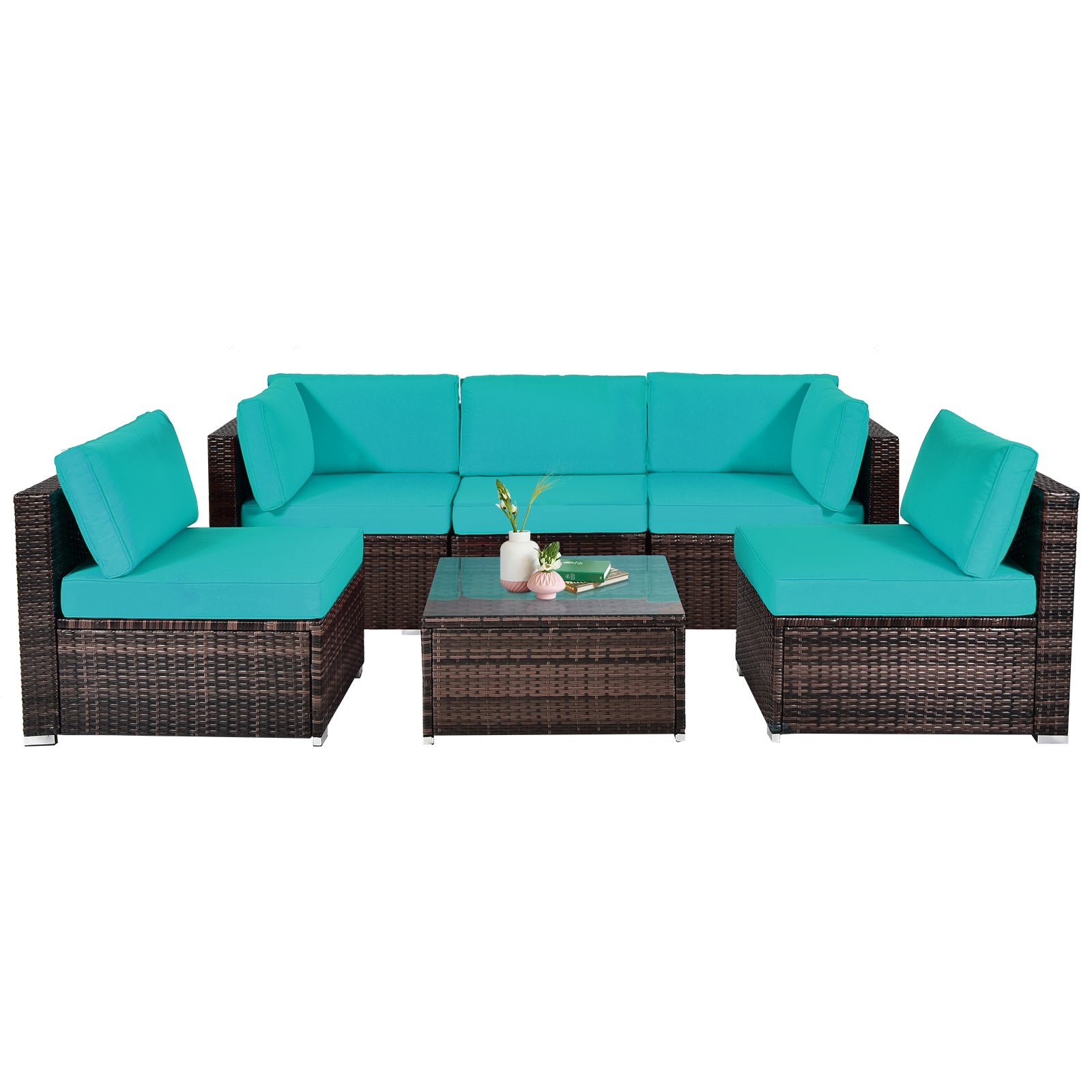 6 Pieces Patio Rattan Furniture Set with Cushions and Glass Coffee Table, Blue Outdoor Sectionals Blue  at Gallery Canada