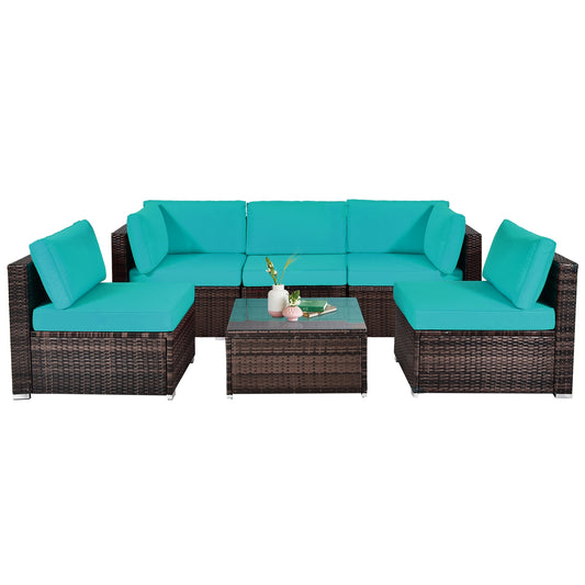6 Pieces Patio Rattan Furniture Set with Cushions and Glass Coffee Table, Blue - Gallery Canada