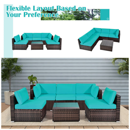 6 Pieces Patio Rattan Furniture Set with Cushions and Glass Coffee Table, Blue Outdoor Sectionals   at Gallery Canada