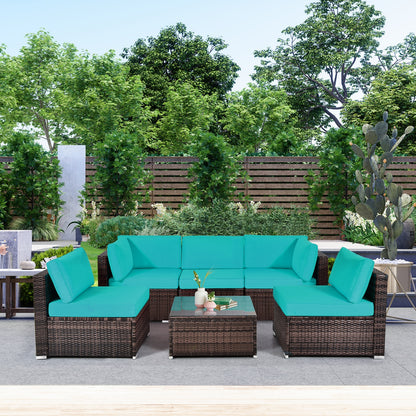 6 Pieces Patio Rattan Furniture Set with Cushions and Glass Coffee Table, Blue Outdoor Sectionals   at Gallery Canada