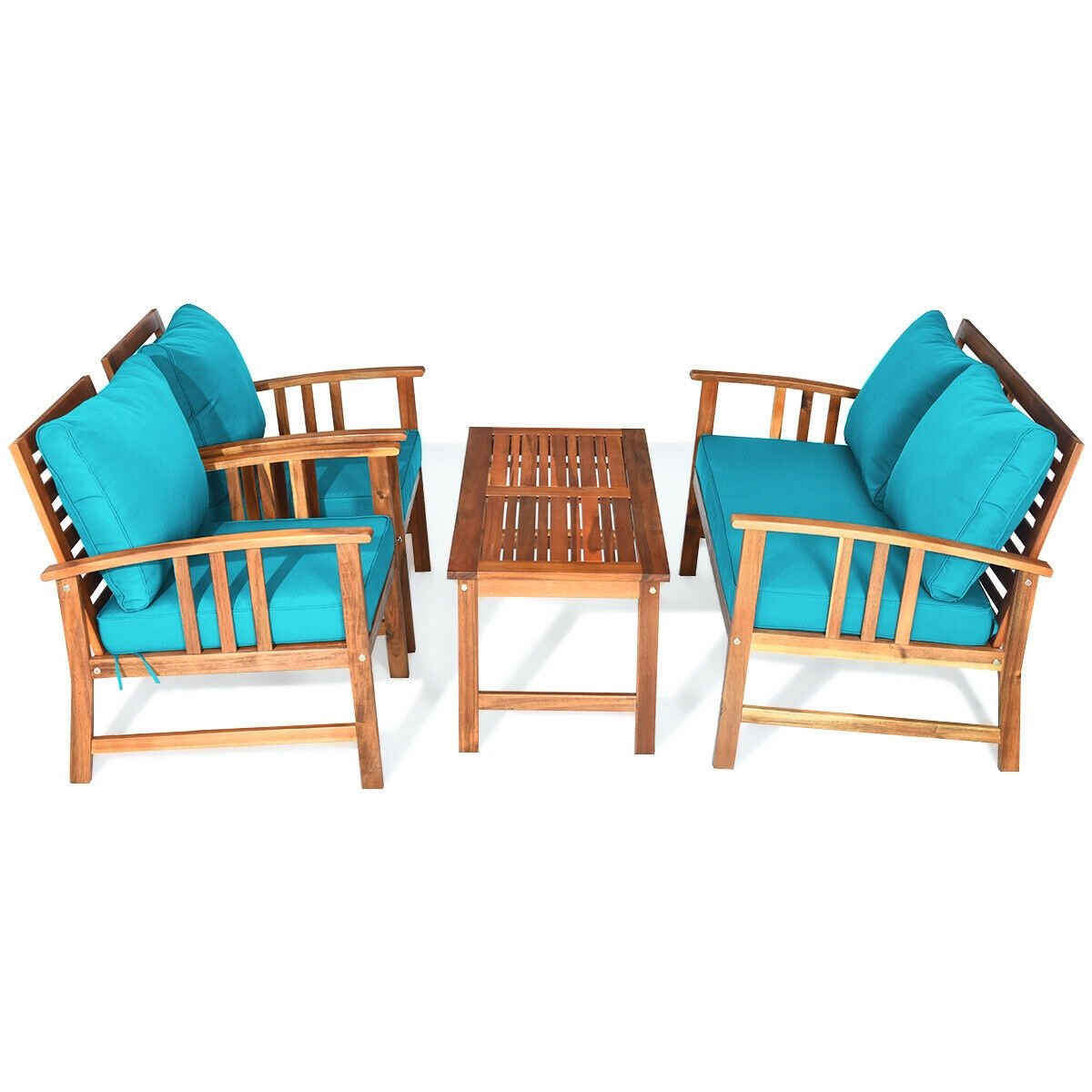 4 Pieces Wooden Patio Furniture Set Table Sofa Chair Cushioned Garden, Turquoise Patio Conversation Sets   at Gallery Canada