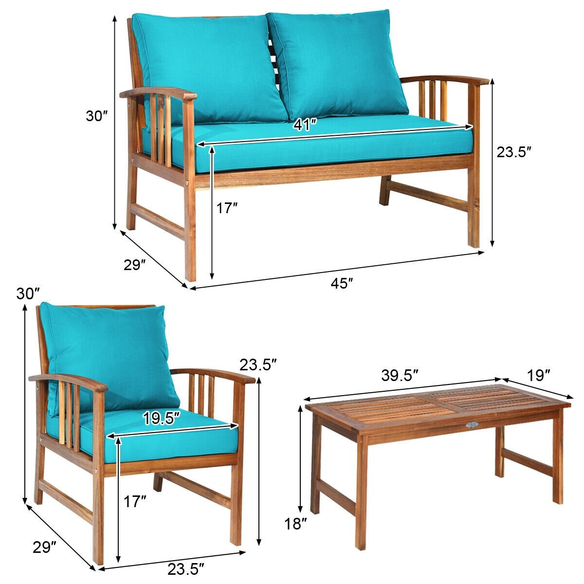 4 Pieces Wooden Patio Furniture Set Table Sofa Chair Cushioned Garden, Turquoise Patio Conversation Sets   at Gallery Canada