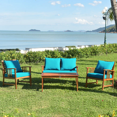 4 Pieces Wooden Patio Furniture Set Table Sofa Chair Cushioned Garden, Turquoise