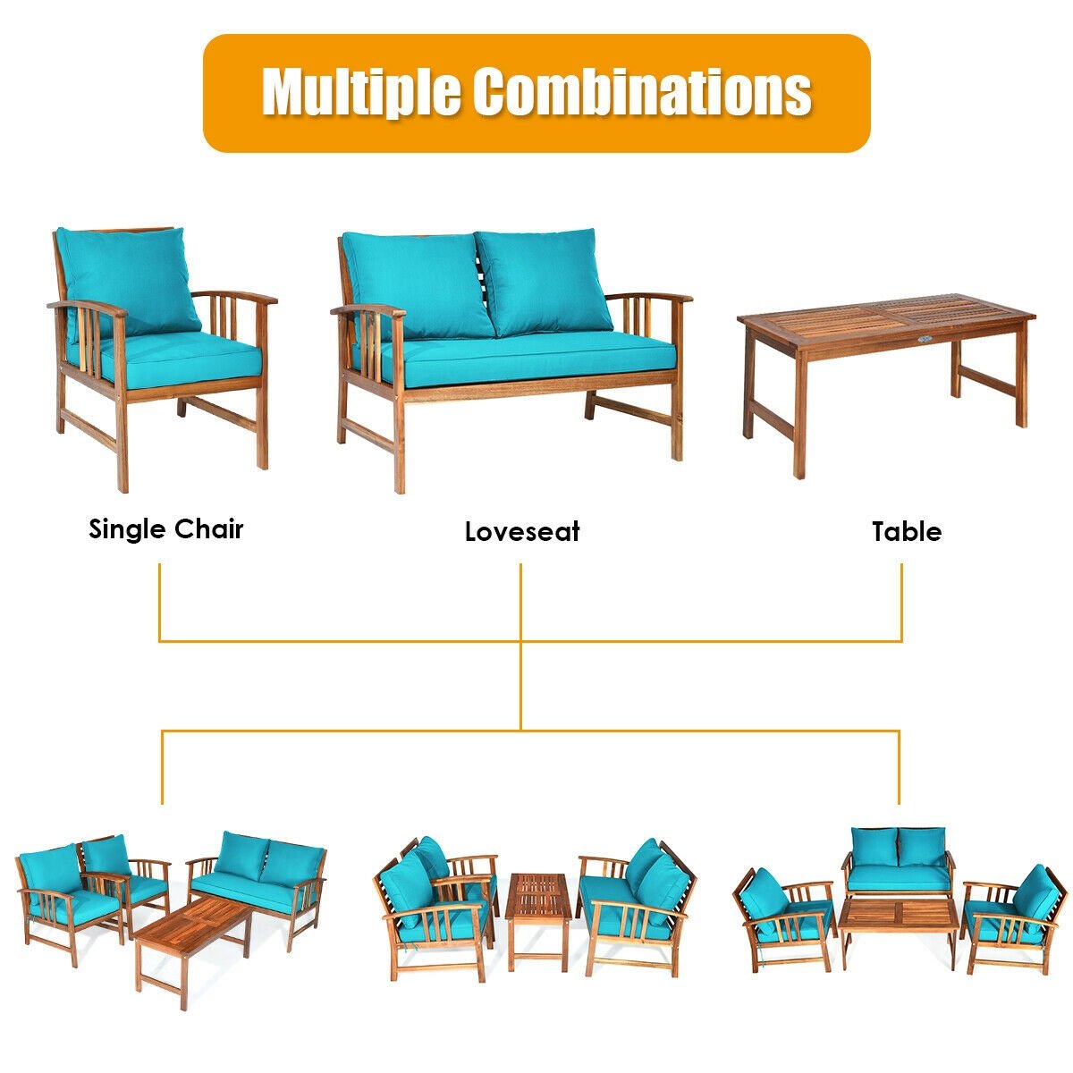 4 Pieces Wooden Patio Furniture Set Table Sofa Chair Cushioned Garden, Turquoise Patio Conversation Sets   at Gallery Canada