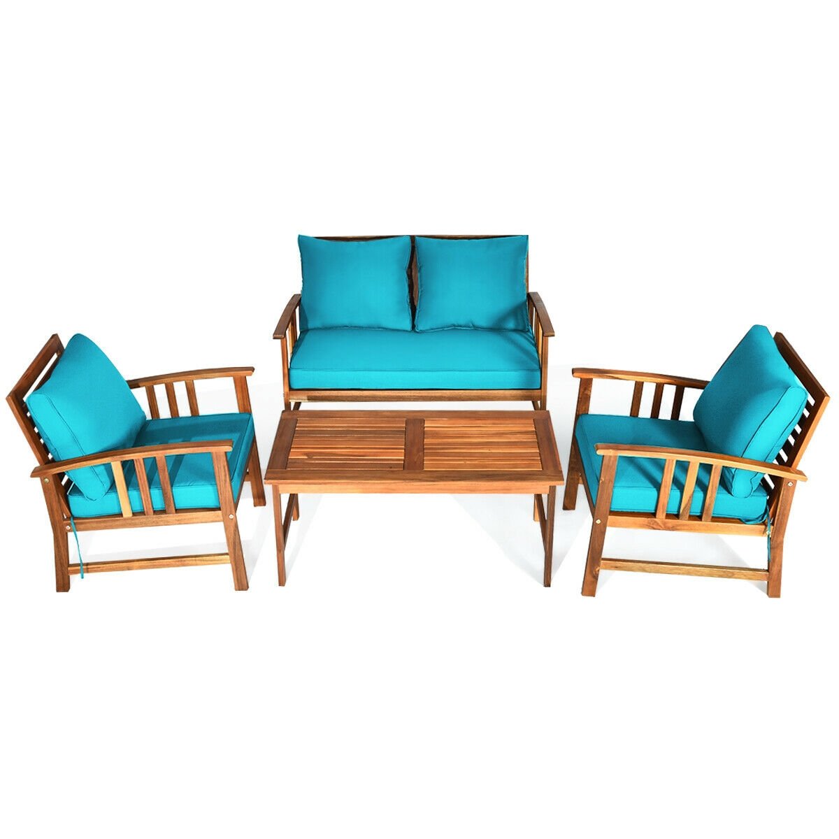 4 Pieces Wooden Patio Furniture Set Table Sofa Chair Cushioned Garden, Turquoise Patio Conversation Sets   at Gallery Canada