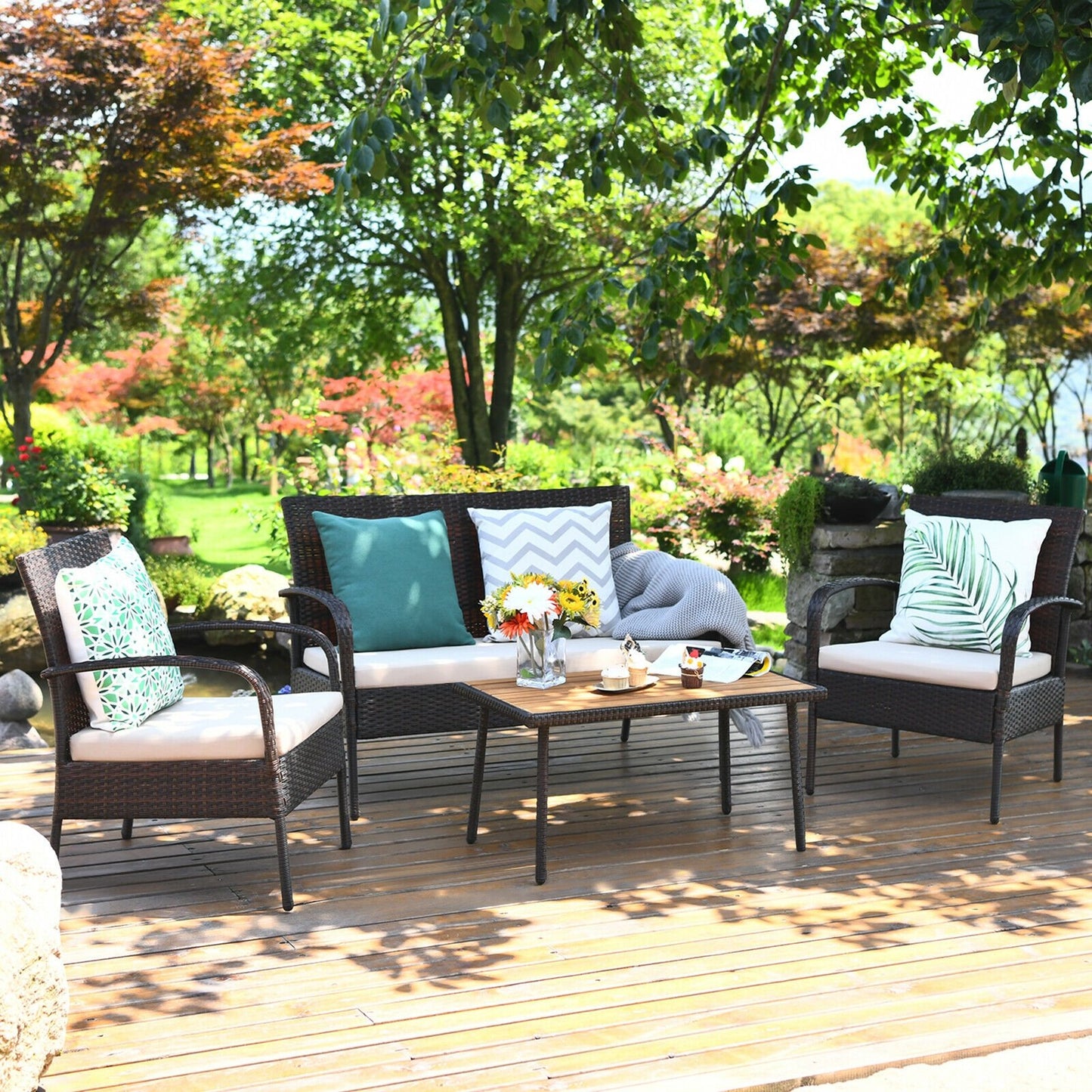 4 Pieces Patio Cushioned Wicker Conversation Set with Acacia Wood Tabletop, Brown - Gallery Canada