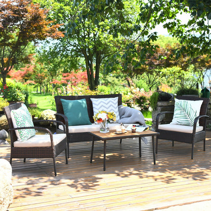 4 Pieces Patio Cushioned Wicker Conversation Set with Acacia Wood Tabletop, Brown Patio Conversation Sets   at Gallery Canada