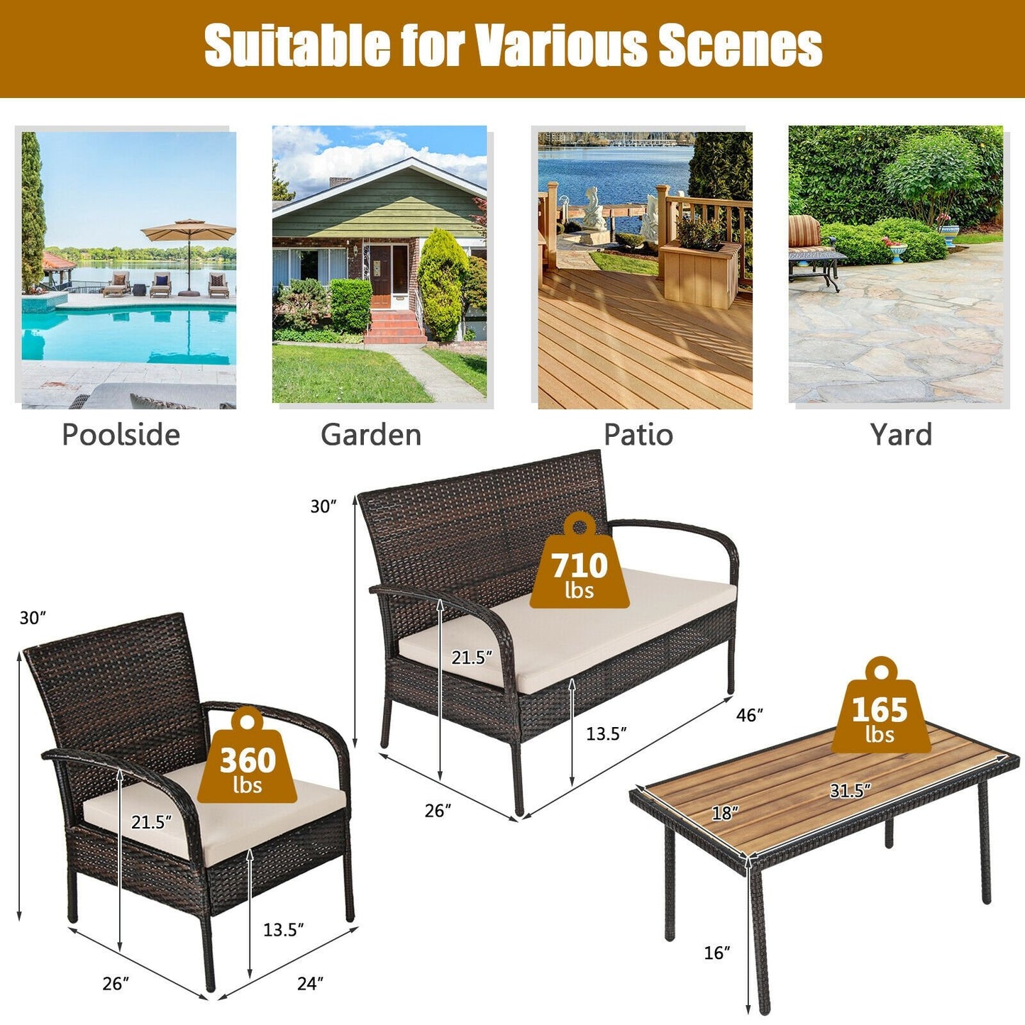 4 Pieces Patio Cushioned Wicker Conversation Set with Acacia Wood Tabletop, Brown - Gallery Canada