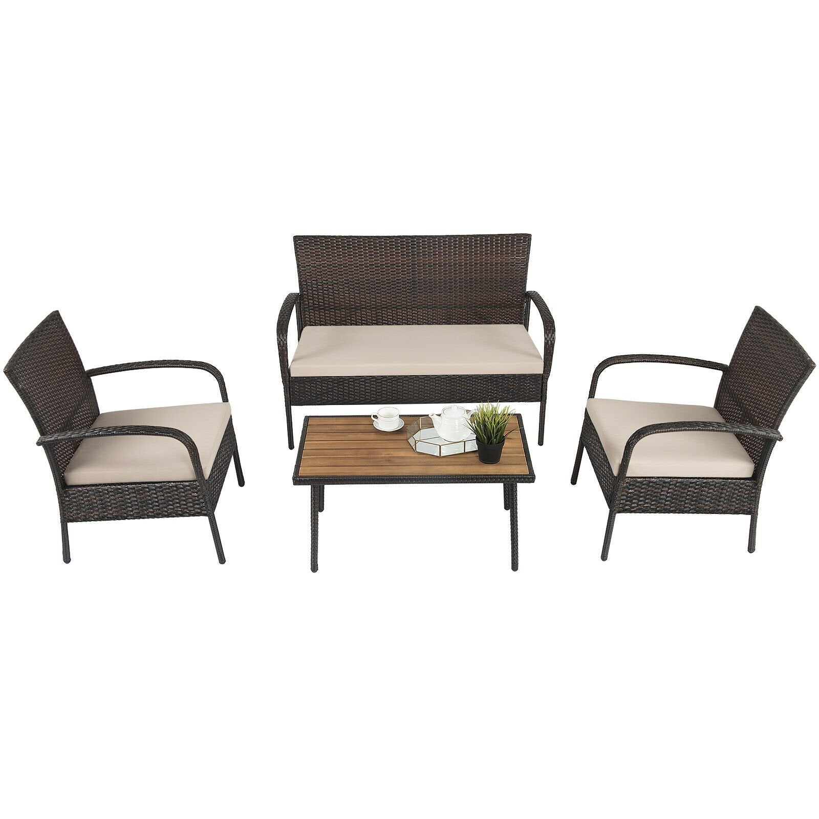 4 Pieces Patio Cushioned Wicker Conversation Set with Acacia Wood Tabletop, Brown Patio Conversation Sets   at Gallery Canada