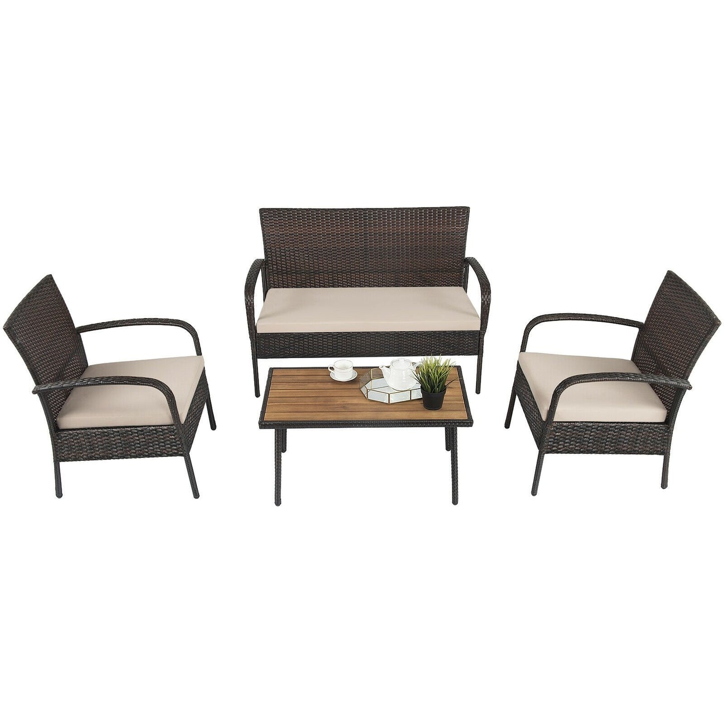 4 Pieces Patio Cushioned Wicker Conversation Set with Acacia Wood Tabletop, Brown - Gallery Canada