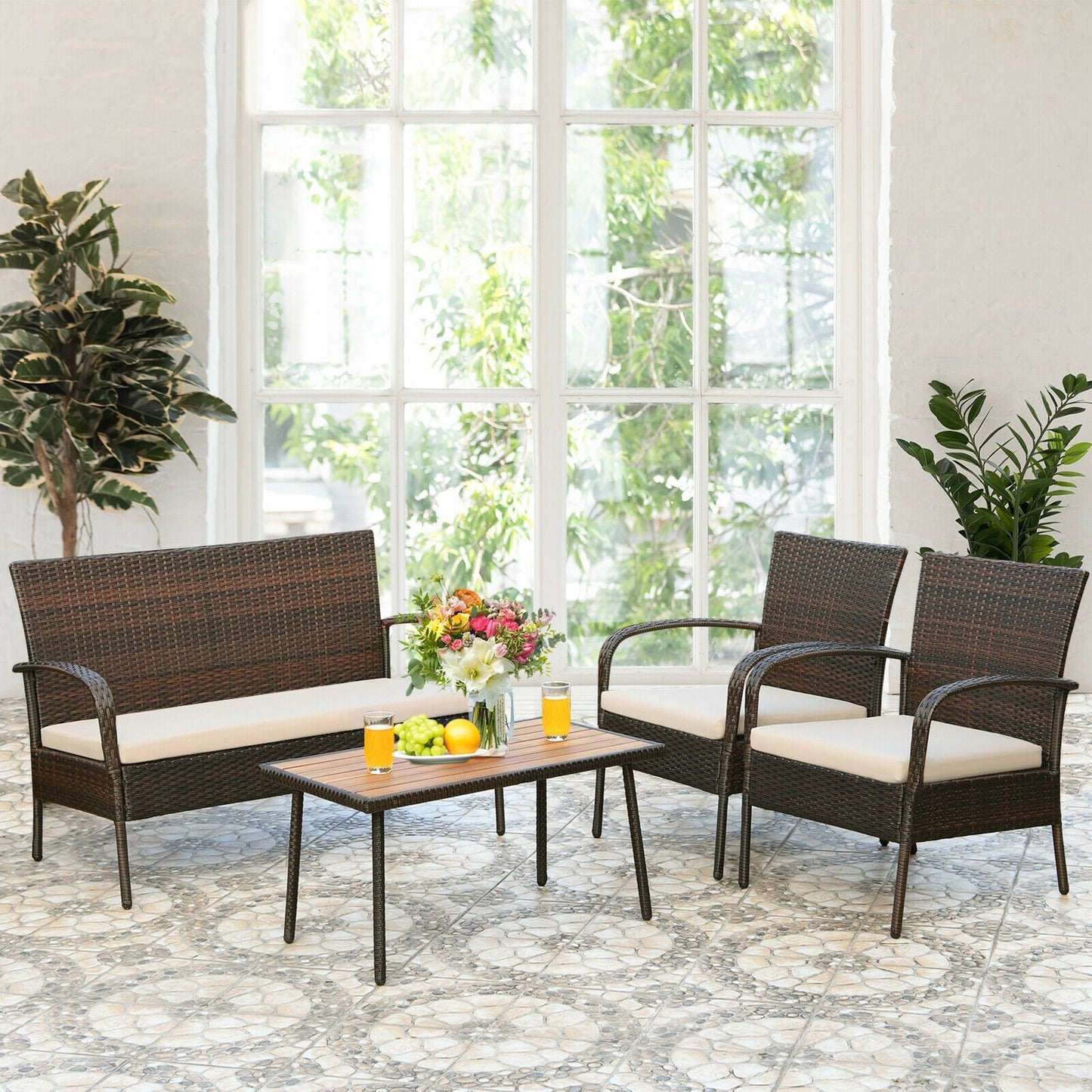 4 Pieces Patio Cushioned Wicker Conversation Set with Acacia Wood Tabletop, Brown - Gallery Canada