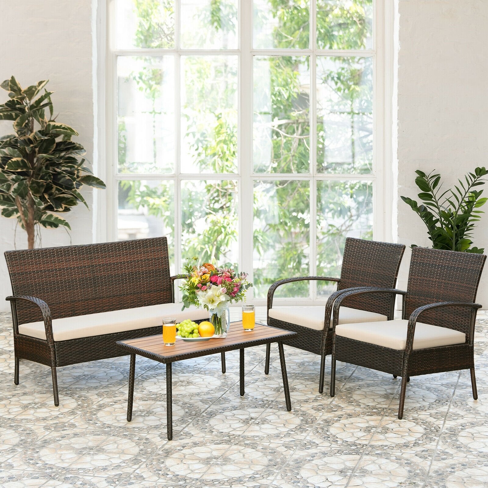 4 Pieces Patio Cushioned Wicker Conversation Set with Acacia Wood Tabletop, Brown - Gallery Canada