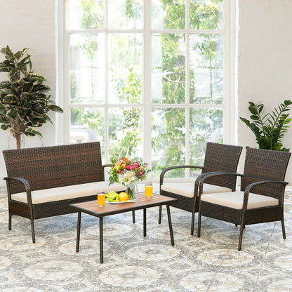 4 Pieces Patio Cushioned Wicker Conversation Set with Acacia Wood Tabletop, Brown Patio Conversation Sets   at Gallery Canada