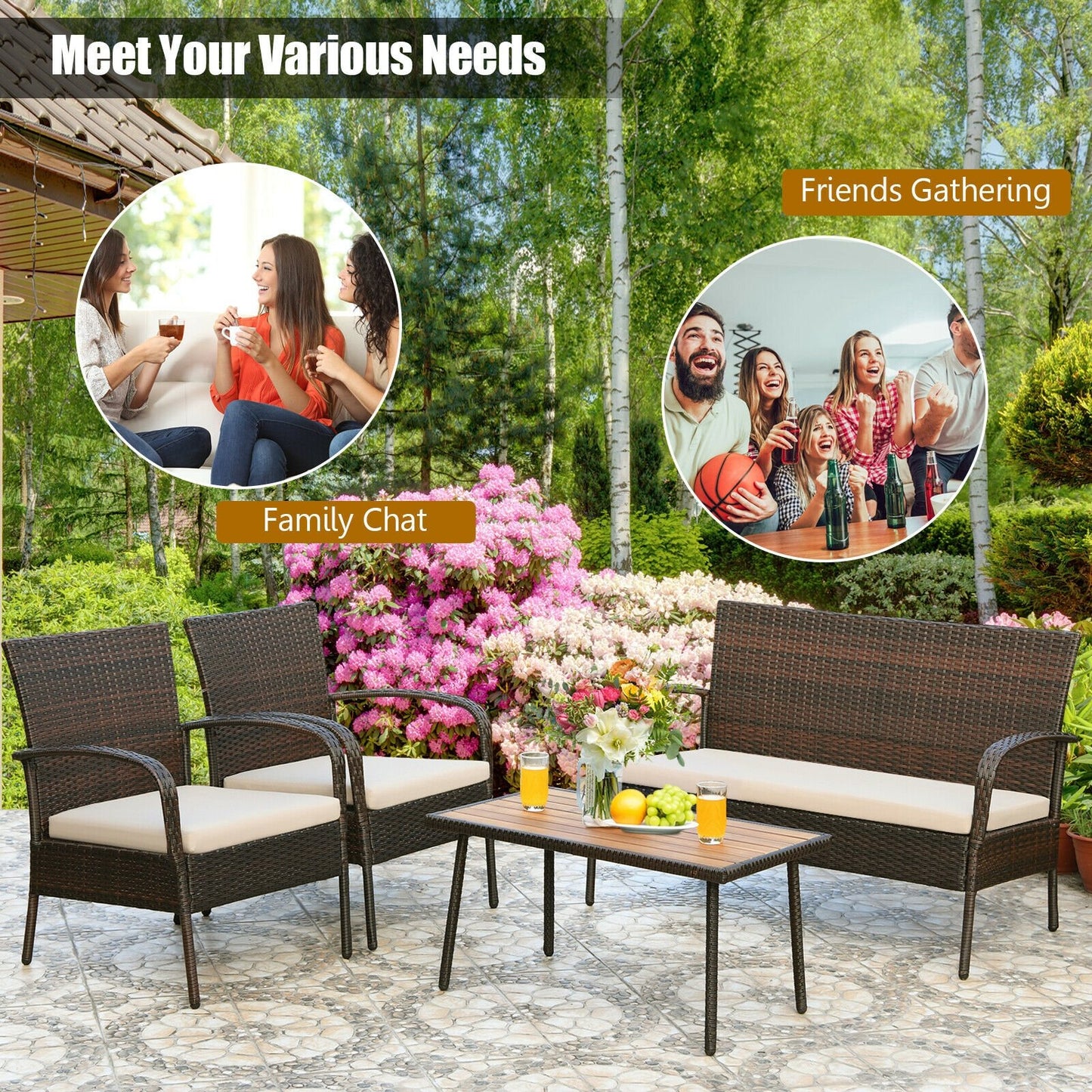 4 Pieces Patio Cushioned Wicker Conversation Set with Acacia Wood Tabletop, Brown - Gallery Canada