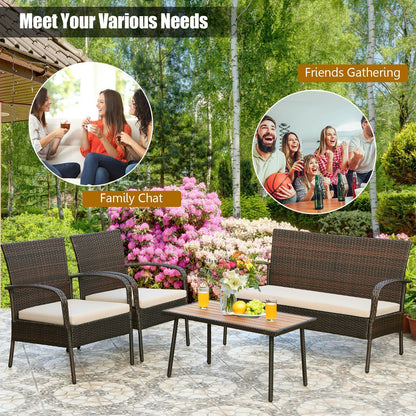 4 Pieces Patio Cushioned Wicker Conversation Set with Acacia Wood Tabletop, Brown - Gallery Canada