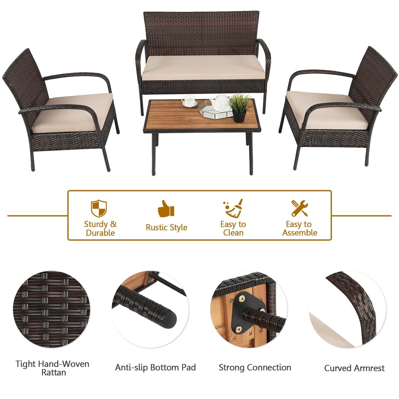 4 Pieces Patio Cushioned Wicker Conversation Set with Acacia Wood Tabletop, Brown Patio Conversation Sets   at Gallery Canada