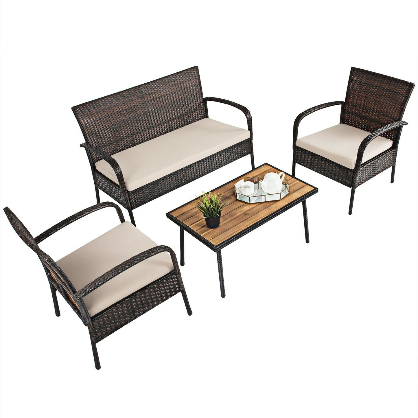 4 Pieces Patio Cushioned Wicker Conversation Set with Acacia Wood Tabletop, Brown - Gallery Canada