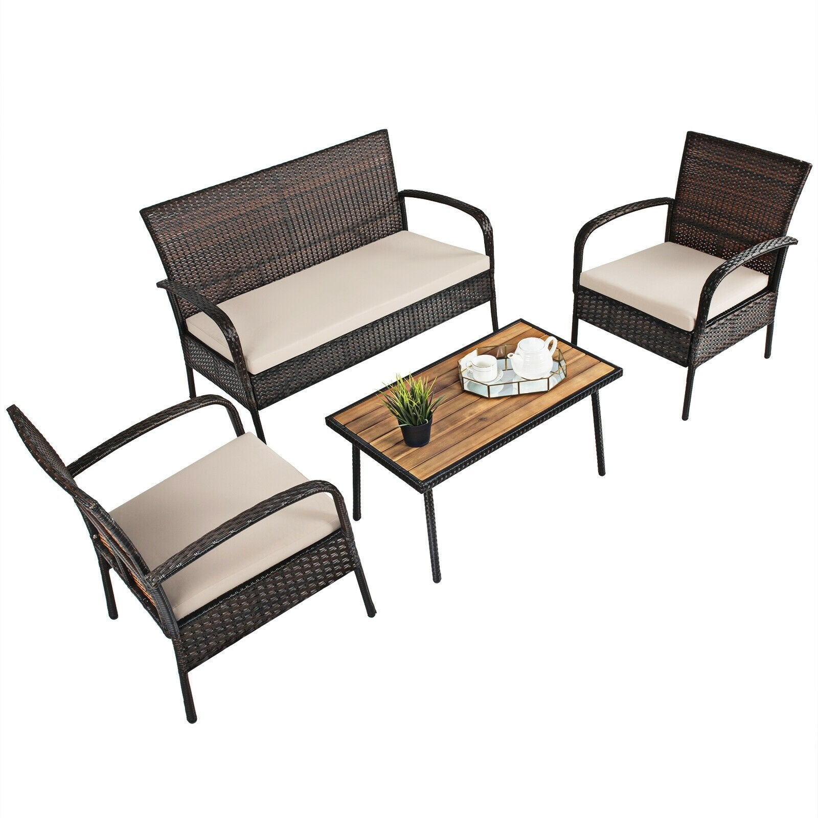 4 Pieces Patio Cushioned Wicker Conversation Set with Acacia Wood Tabletop, Brown Patio Conversation Sets   at Gallery Canada