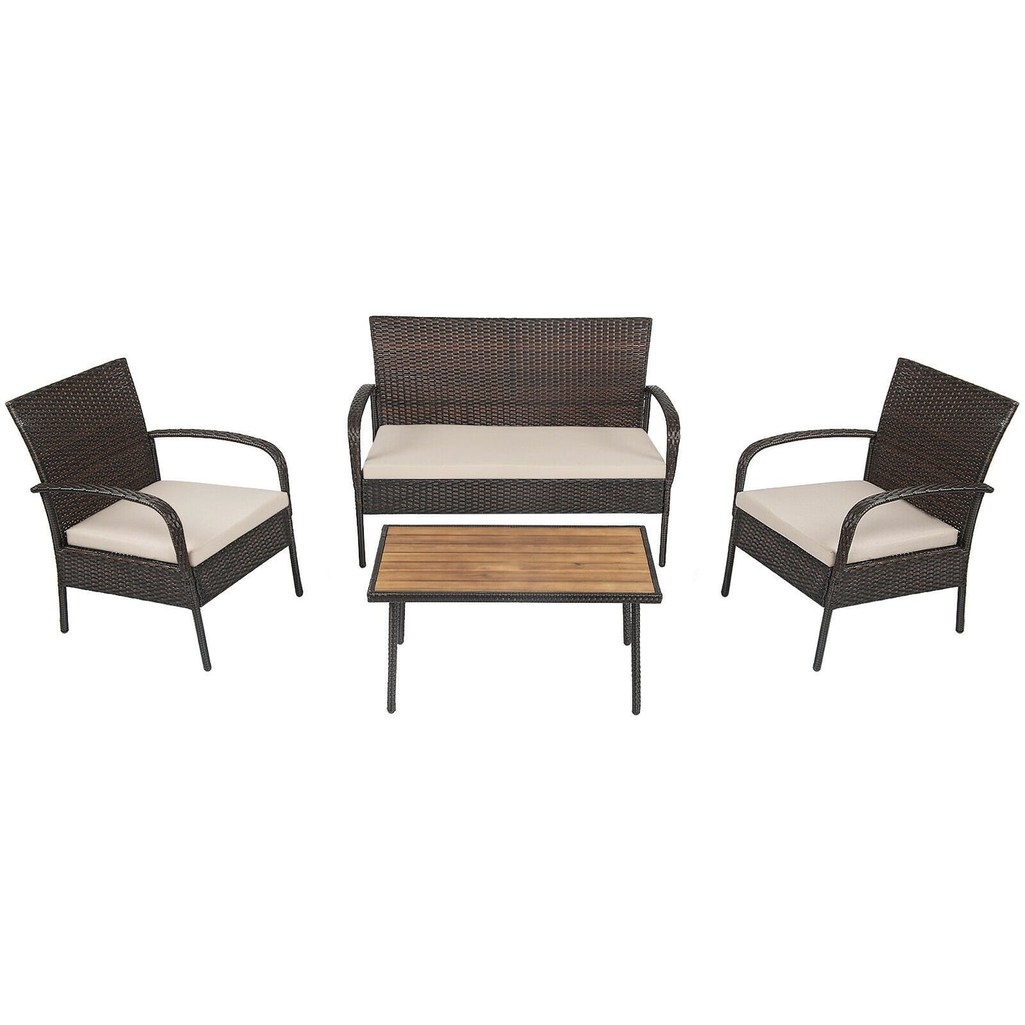 4 Pieces Patio Cushioned Wicker Conversation Set with Acacia Wood Tabletop, Brown - Gallery Canada