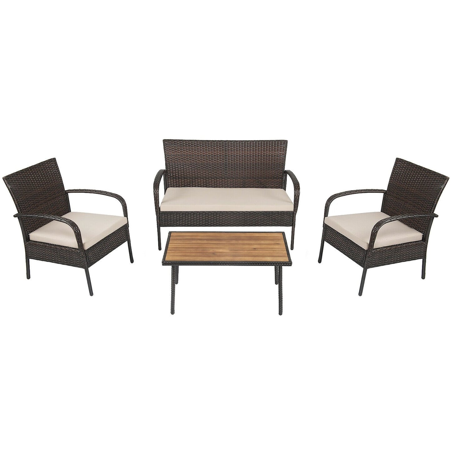 4 Pieces Patio Cushioned Wicker Conversation Set with Acacia Wood Tabletop, Brown Patio Conversation Sets   at Gallery Canada