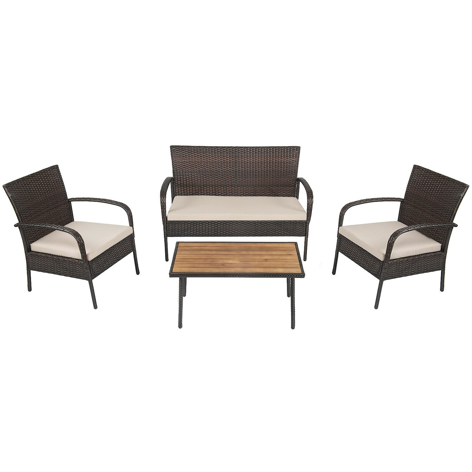 4 Pieces Patio Cushioned Wicker Conversation Set with Acacia Wood Tabletop, Brown - Gallery Canada