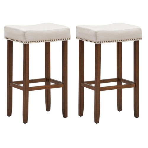 Set of 2 Nailhead Saddle Bar Stools 29 Inch Height, Beige