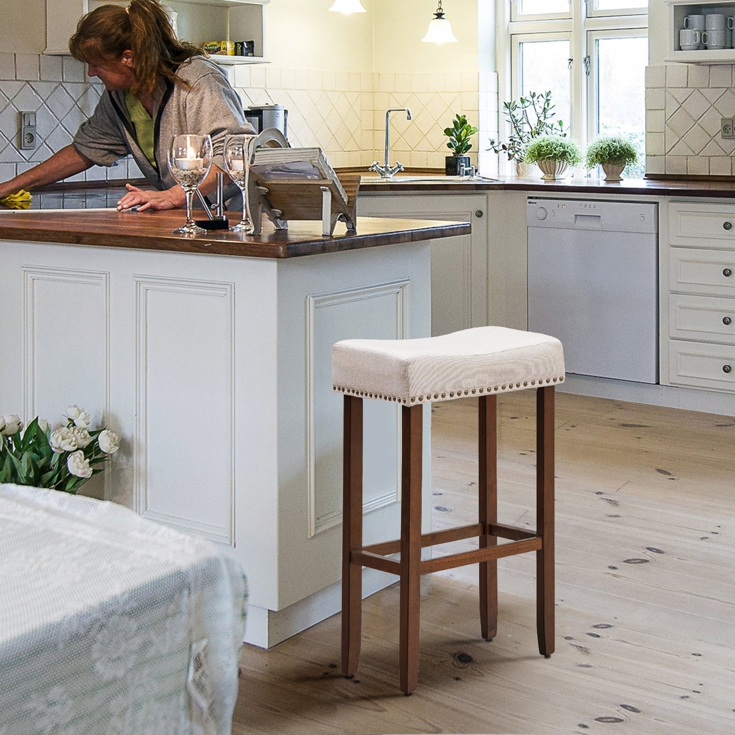 Set of 2 Nailhead Saddle Bar Stools 29 Inch Height, Beige Bar Stools   at Gallery Canada