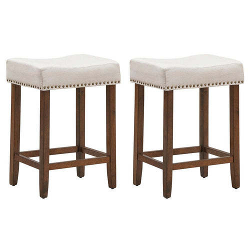 Set of 2 Nailhead Saddle Bar Stools 24 Inch Height, Beige