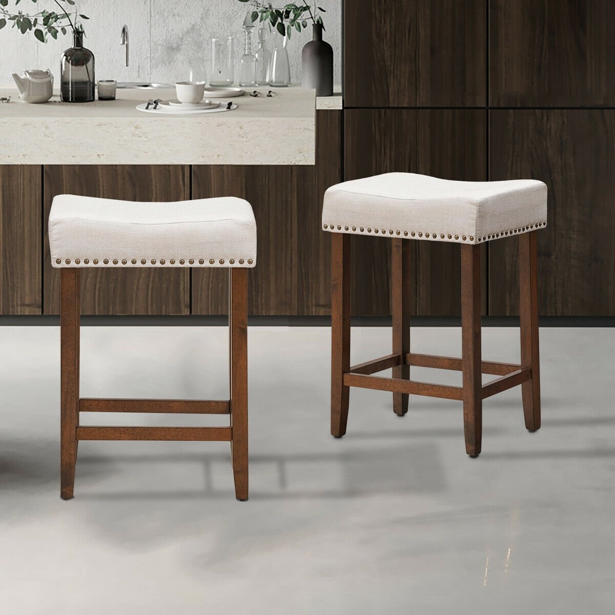 Set of 2 Nailhead Saddle Bar Stools 24 Inch Height, Beige Bar Stools   at Gallery Canada