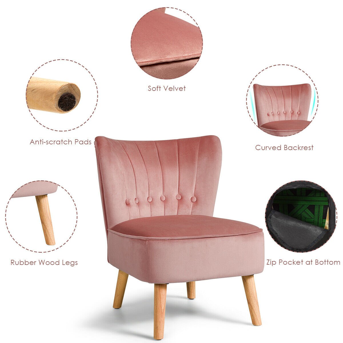 Armless Accent Chair Tufted Velvet Leisure Chair, Pink Accent Chairs   at Gallery Canada