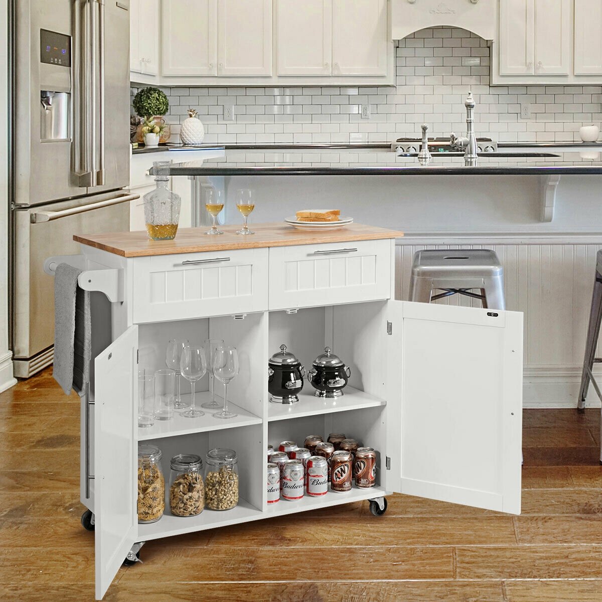 Heavy Duty Rolling Kitchen Cart with Tower Holder and Drawer, White Kitchen Islands & Carts   at Gallery Canada