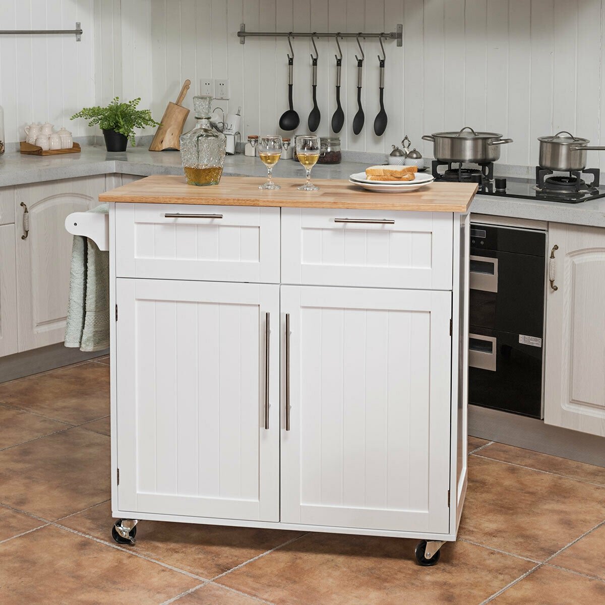 Heavy Duty Rolling Kitchen Cart with Tower Holder and Drawer, White Kitchen Islands & Carts   at Gallery Canada