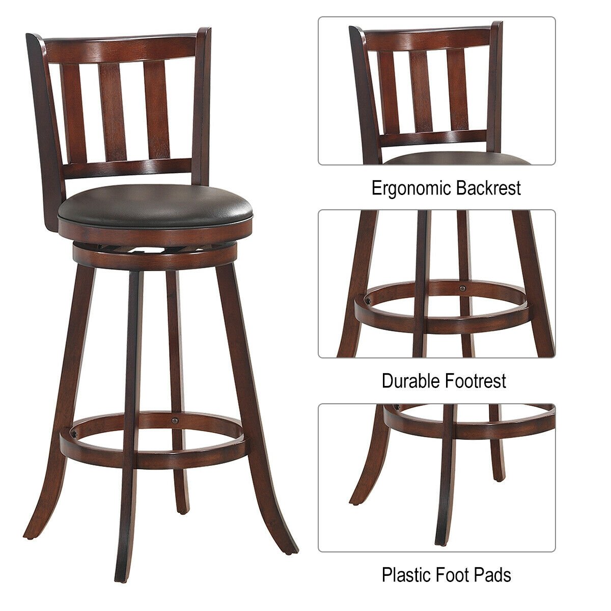 Set of 2 Wood Swivel Counter Height Dining Pub Bar Stools with PVC Cushioned Seat-29 Inch, Brown Bar Stools   at Gallery Canada