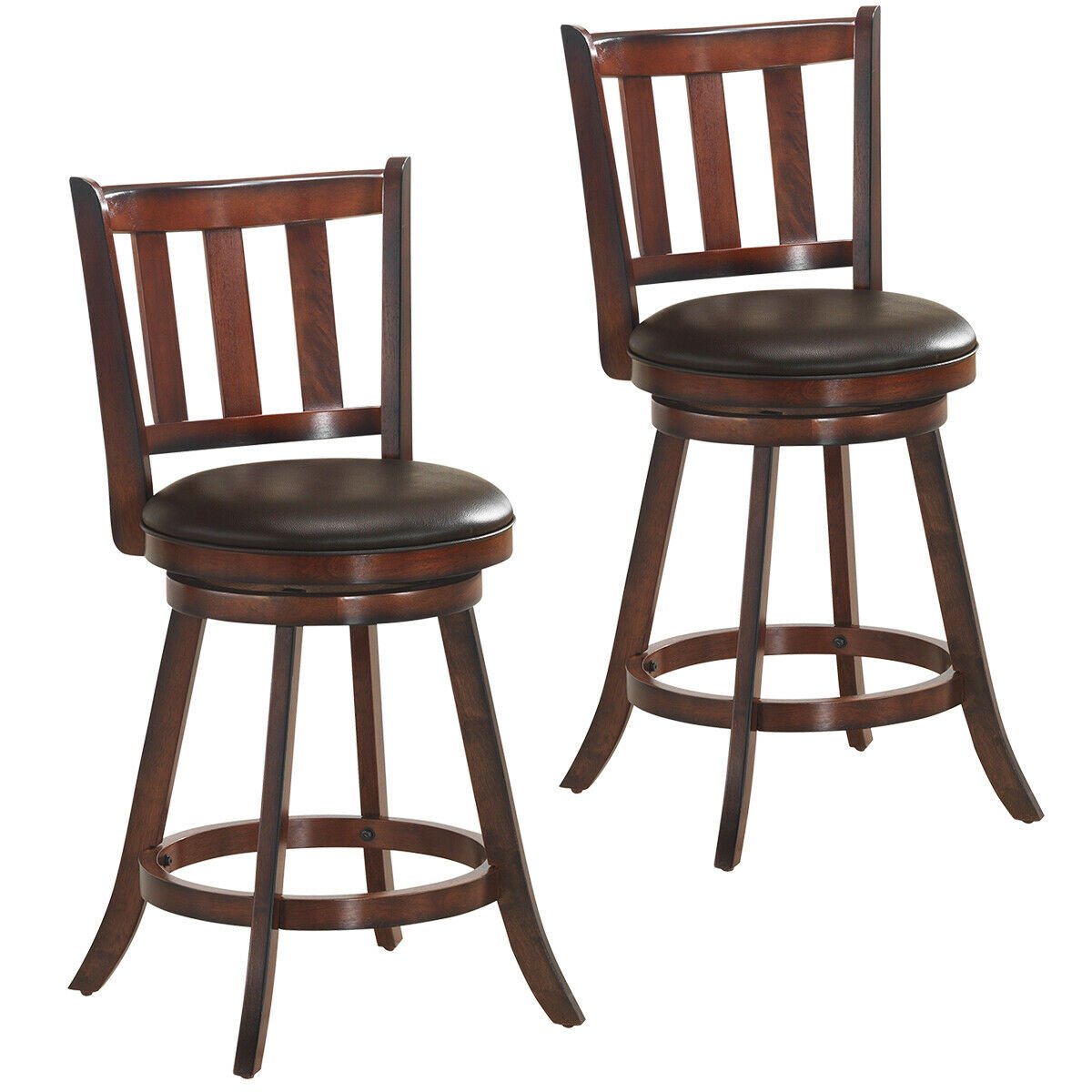 Set of 2 Wood Swivel Counter Height Dining Pub Bar Stools with PVC Cushioned Seat-25 Inch, Brown Bar Stools   at Gallery Canada