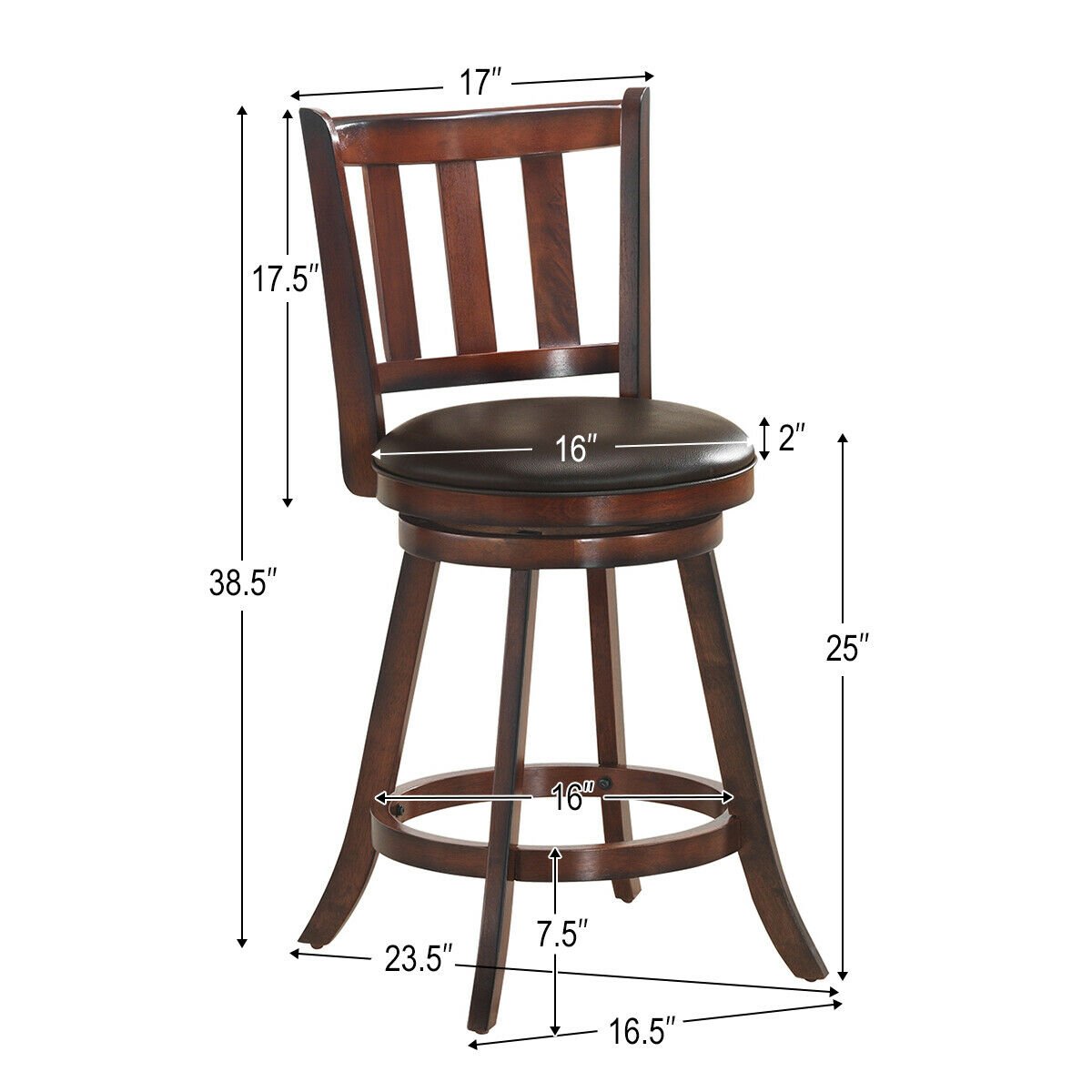 Set of 2 Wood Swivel Counter Height Dining Pub Bar Stools with PVC Cushioned Seat-25 Inch, Brown Bar Stools   at Gallery Canada