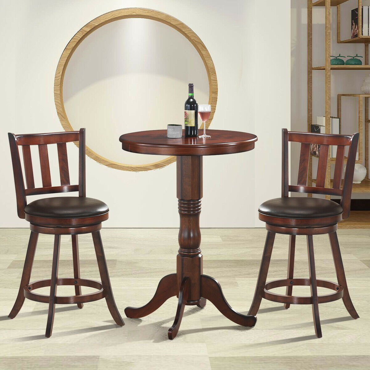 Set of 2 Wood Swivel Counter Height Dining Pub Bar Stools with PVC Cushioned Seat-25 Inch, Brown Bar Stools   at Gallery Canada