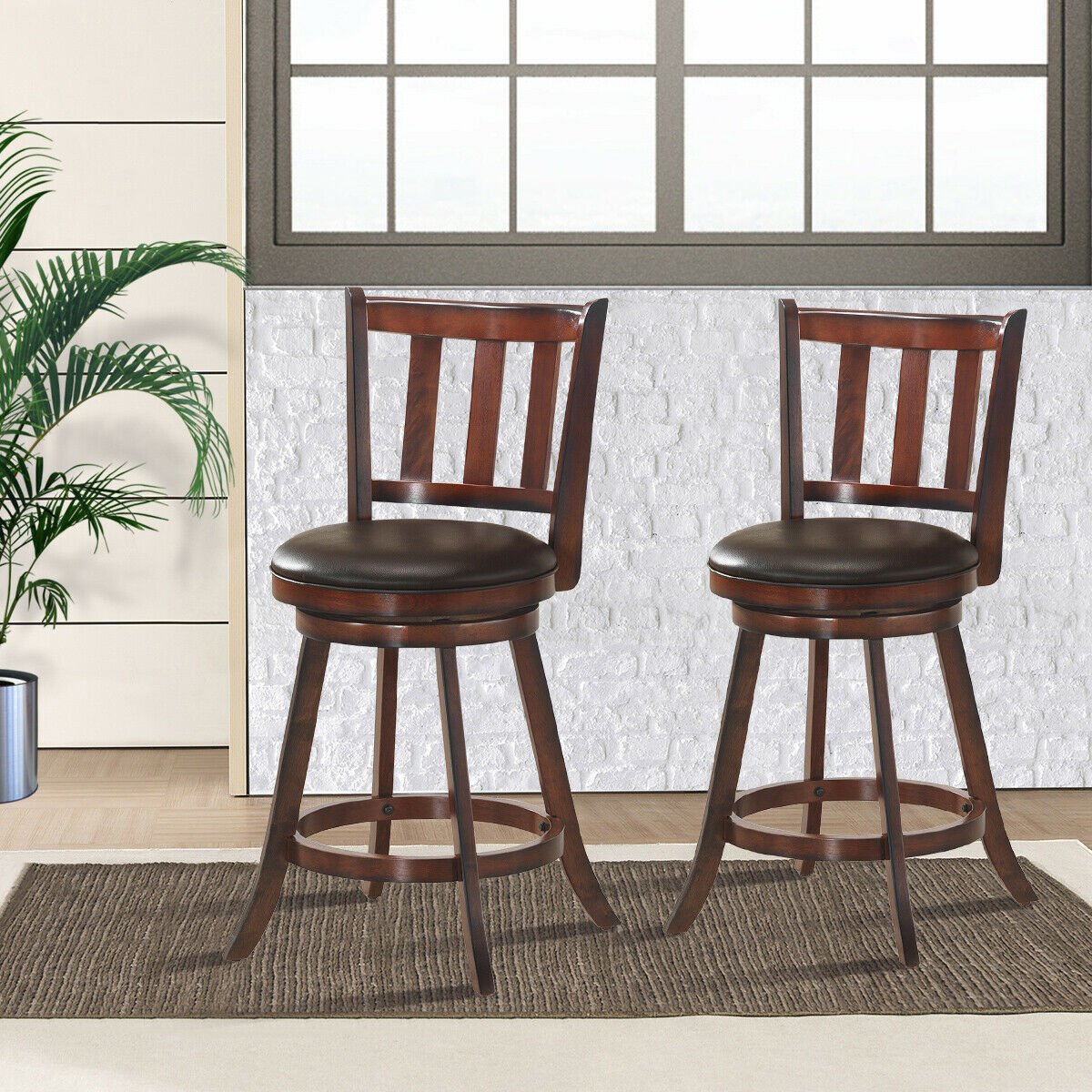 Set of 2 Wood Swivel Counter Height Dining Pub Bar Stools with PVC Cushioned Seat-25 Inch, Brown Bar Stools   at Gallery Canada