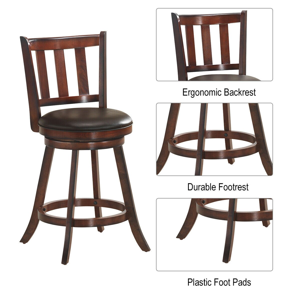 Set of 2 Wood Swivel Counter Height Dining Pub Bar Stools with PVC Cushioned Seat-25 Inch, Brown Bar Stools   at Gallery Canada