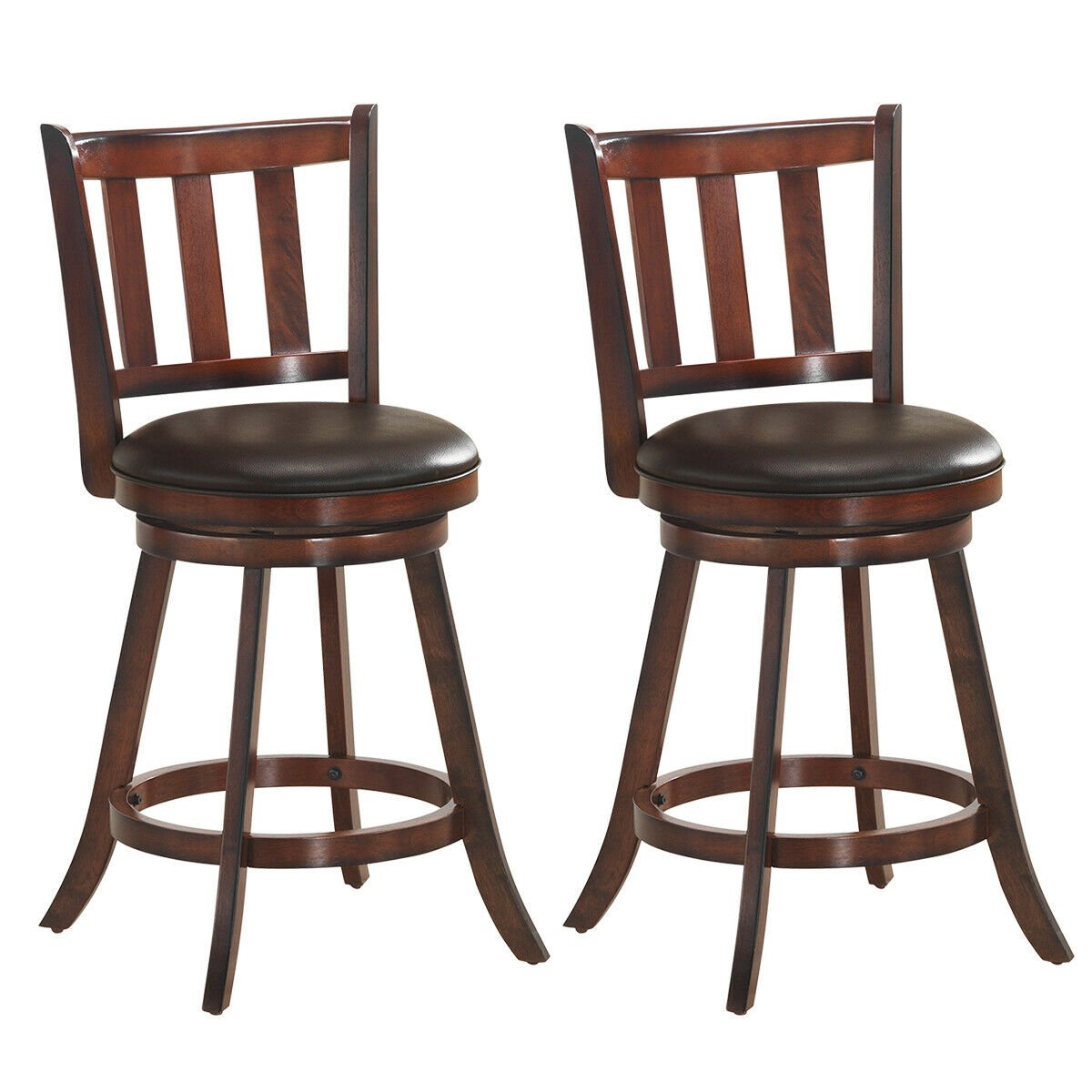 Set of 2 Wood Swivel Counter Height Dining Pub Bar Stools with PVC Cushioned Seat-25 Inch, Brown Bar Stools   at Gallery Canada