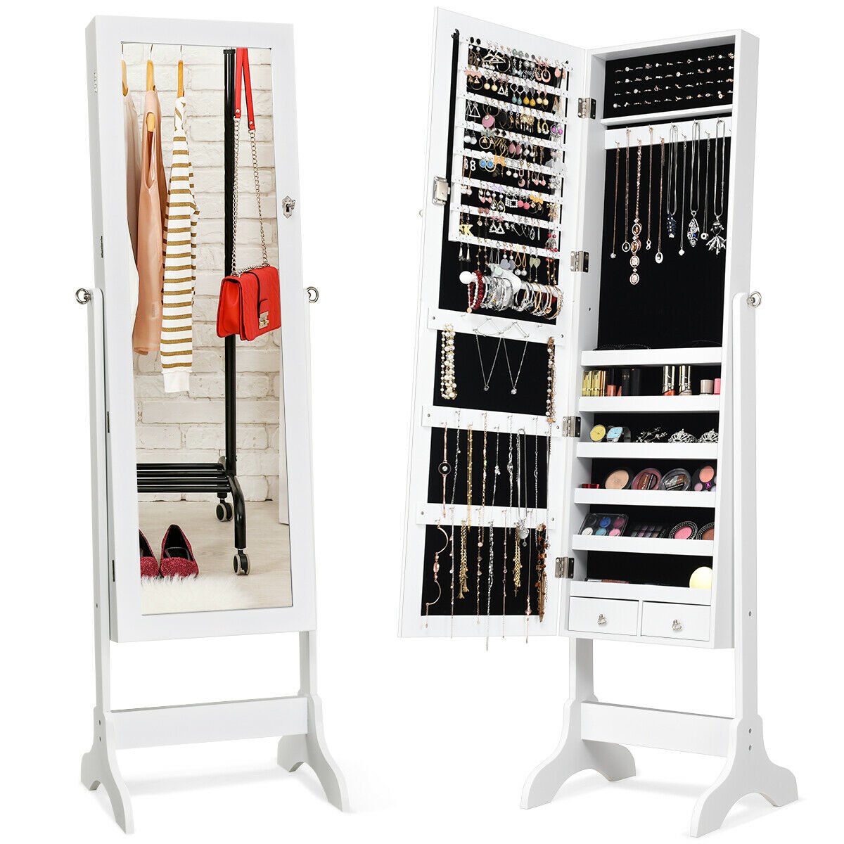 Lockable Mirrored Jewelry Cabinet Armoire Storage Organizer Box, White Jewelry Armoires   at Gallery Canada