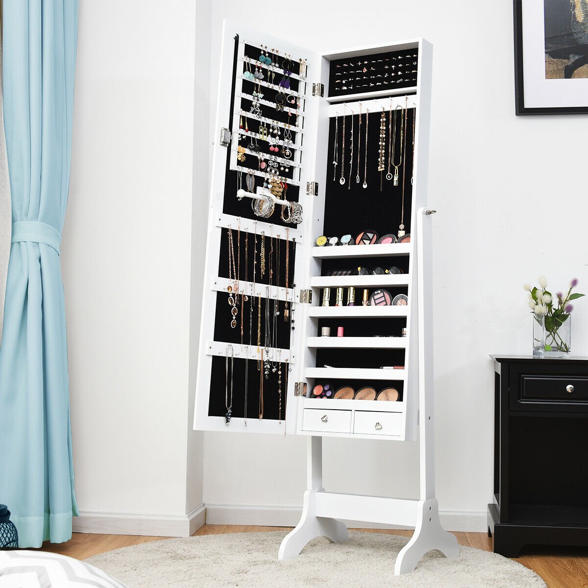 Lockable Mirrored Jewelry Cabinet Armoire Storage Organizer Box, White Jewelry Armoires   at Gallery Canada