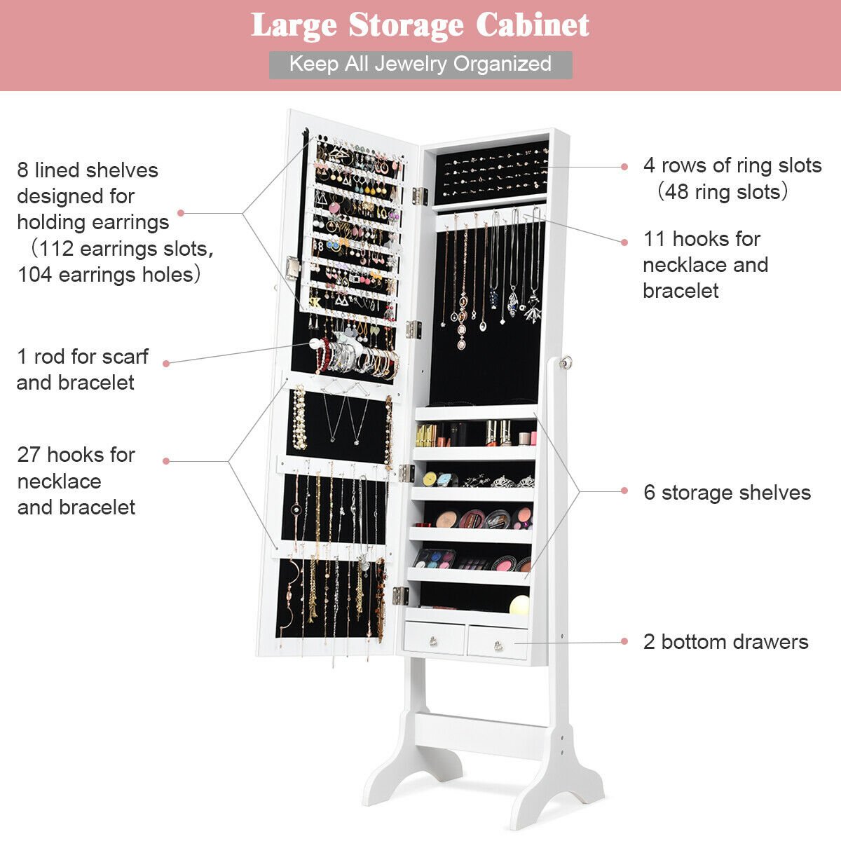 Lockable Mirrored Jewelry Cabinet Armoire Storage Organizer Box, White Jewelry Armoires   at Gallery Canada