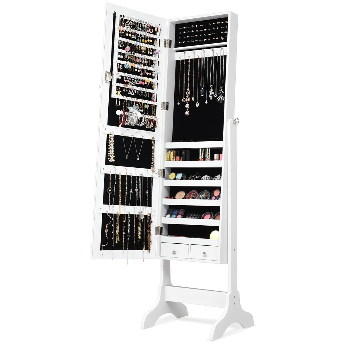 Lockable Mirrored Jewelry Cabinet Armoire Storage Organizer Box, White Jewelry Armoires   at Gallery Canada